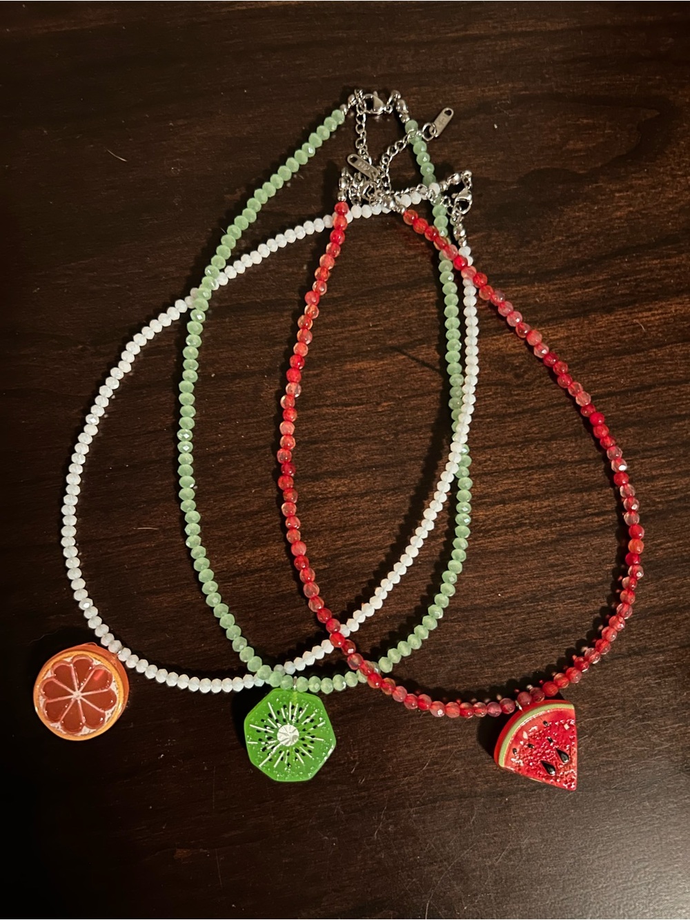Handmade Fruit Pendant Beaded Necklace - Agatha red and crystals kiwi and Orange